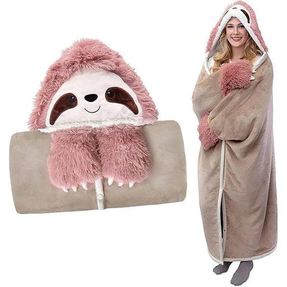 Cozy Cartoon Sloth Hooded TV Blanket with Gloves for Adults and Kids Soft and Warm Sherpa Fleece Throw - QMartCo